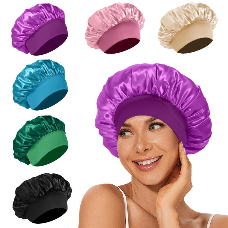 LEADUWAY 6Pcs Satin Bonnet Silk Bonnet, Hair Bonnet for Sleeping, Elastic Wide Band Silk Sleep Cap, Soft and Breathable - Image 1